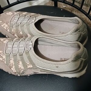 Skechers Slip-On Sneakers in Taupe with Rose Gold Sequins